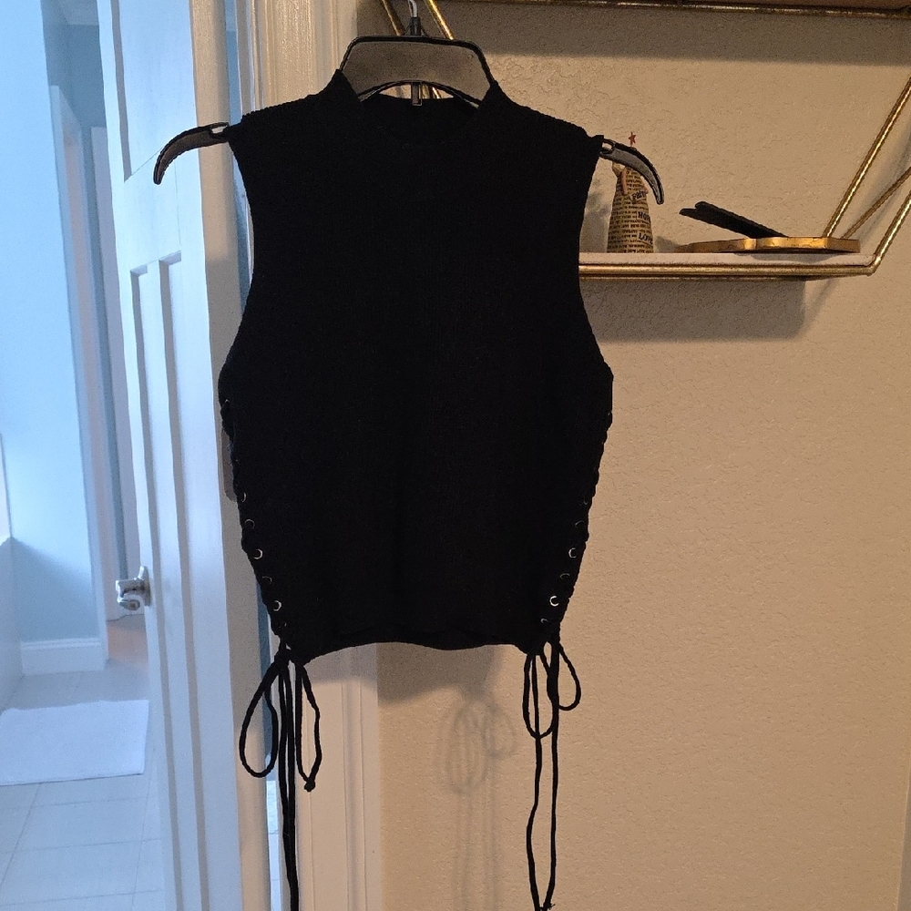 Black Sleeveless Lace-Up Top